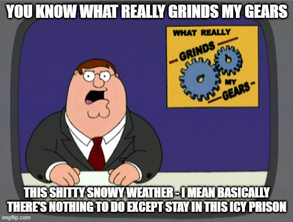 This is why i don't like the cold weather as much anymore | YOU KNOW WHAT REALLY GRINDS MY GEARS; THIS SHITTY SNOWY WEATHER - I MEAN BASICALLY THERE'S NOTHING TO DO EXCEPT STAY IN THIS ICY PRISON | image tagged in memes,peter griffin news,prison,relatable,family guy,cold weather | made w/ Imgflip meme maker