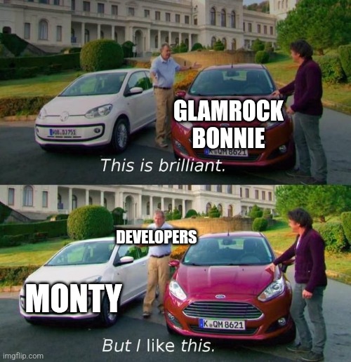 Fnaf Sb character choice | GLAMROCK BONNIE; DEVELOPERS; MONTY | image tagged in this is brilliant but i like this | made w/ Imgflip meme maker