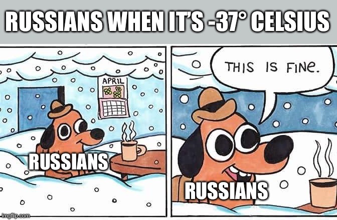 Meanwhile in Russia… | RUSSIANS WHEN IT’S -37° CELSIUS; RUSSIANS; RUSSIANS | image tagged in this is fine snow,russian,russia,memes,this is fine,snow | made w/ Imgflip meme maker