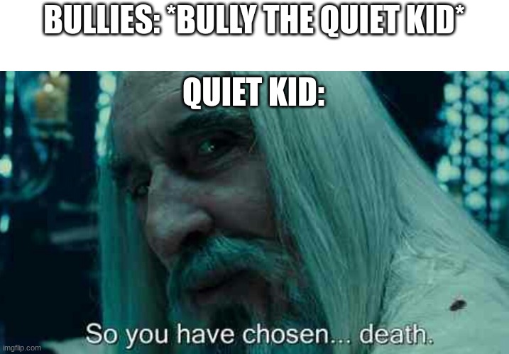 get it? | BULLIES: *BULLY THE QUIET KID*; QUIET KID: | image tagged in so you have chosen death | made w/ Imgflip meme maker