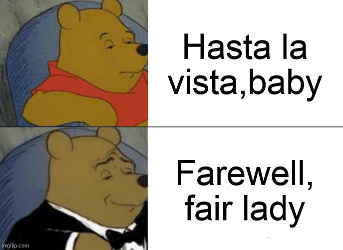 Terminator vs Gentlenator | Hasta la vista,baby; Farewell, fair lady | image tagged in memes,tuxedo winnie the pooh | made w/ Imgflip meme maker