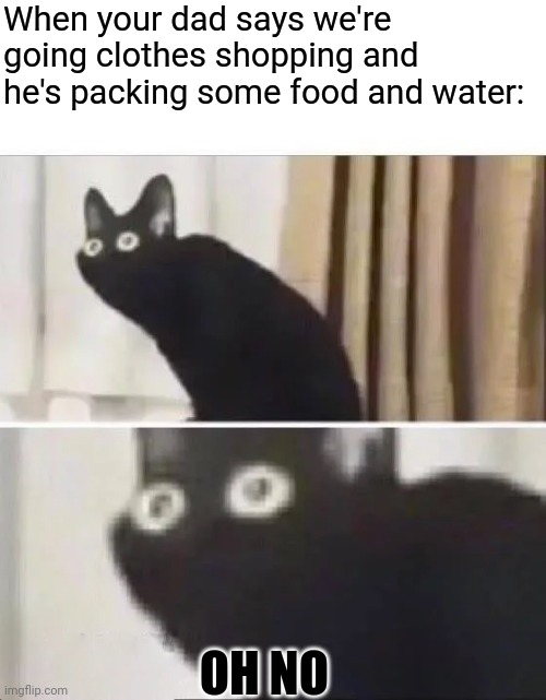 Your gonna be there a long time | When your dad says we're going clothes shopping and he's packing some food and water:; OH NO | image tagged in oh no black cat,clothes,shopping,be afraid,funny,relatable | made w/ Imgflip meme maker