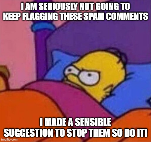 http://imgflip.com/i/72wlqk | I AM SERIOUSLY NOT GOING TO KEEP FLAGGING THESE SPAM COMMENTS; I MADE A SENSIBLE SUGGESTION TO STOP THEM SO DO IT! | image tagged in angry homer simpson in bed | made w/ Imgflip meme maker