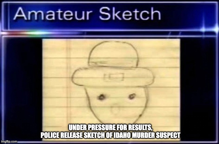 Going Full Botched in Idaho | UNDER PRESSURE FOR RESULTS,
POLICE RELEASE SKETCH OF IDAHO MURDER SUSPECT | image tagged in murder,idaho | made w/ Imgflip meme maker