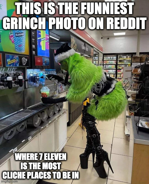 Grinch at 7 Eleven | THIS IS THE FUNNIEST GRINCH PHOTO ON REDDIT; WHERE 7 ELEVEN IS THE MOST CLICHE PLACES TO BE IN | image tagged in grinch,7 eleven,memes | made w/ Imgflip meme maker