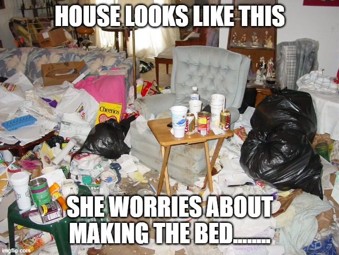 Messy House | HOUSE LOOKS LIKE THIS; SHE WORRIES ABOUT MAKING THE BED........ | image tagged in messy house | made w/ Imgflip meme maker