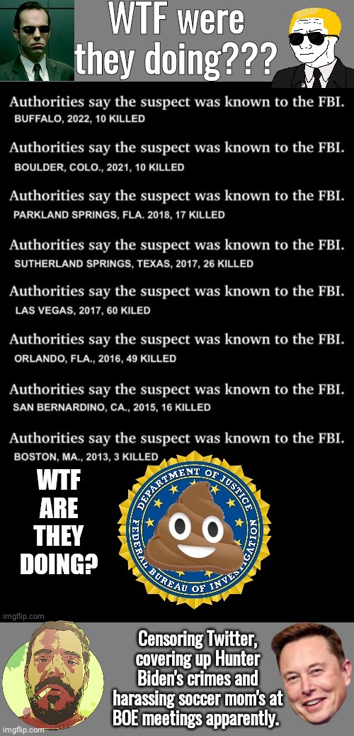 What TF were they doing fbi ignored real threats | WTF were they doing??? Censoring Twitter, covering up Hunter Biden's crimes and harassing soccer mom's at BOE meetings apparently. | image tagged in blank grey,fbi | made w/ Imgflip meme maker