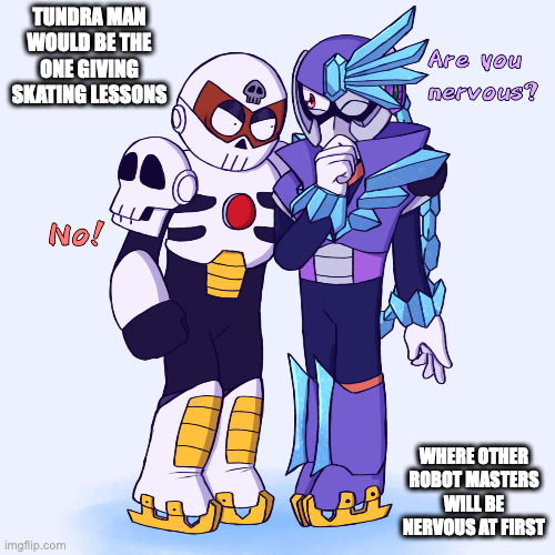 Tundra Man and Skull Man (Credit to Nabasart on Tumblr) | TUNDRA MAN WOULD BE THE ONE GIVING SKATING LESSONS; WHERE OTHER ROBOT MASTERS WILL BE NERVOUS AT FIRST | image tagged in tundraman,skullman,megaman x,memes | made w/ Imgflip meme maker