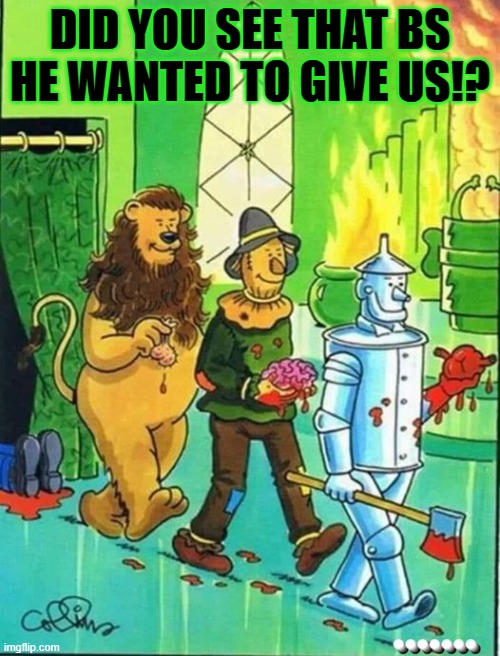 Real Gifts from the Wizard | DID YOU SEE THAT BS HE WANTED TO GIVE US!? | image tagged in wizard of oz,funny memes,fun,funny animals,comics/cartoons | made w/ Imgflip meme maker