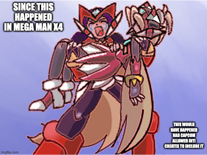 Zero Holding Ciel | SINCE THIS HAPPENED IN MEGA MAN X4; THIS WOULD HAVE HAPPENED HAD CAPCOM ALLOWED INTI CREATES TO INCLUDE IT | image tagged in zero,ciel,megaman,megaman zero,memes | made w/ Imgflip meme maker