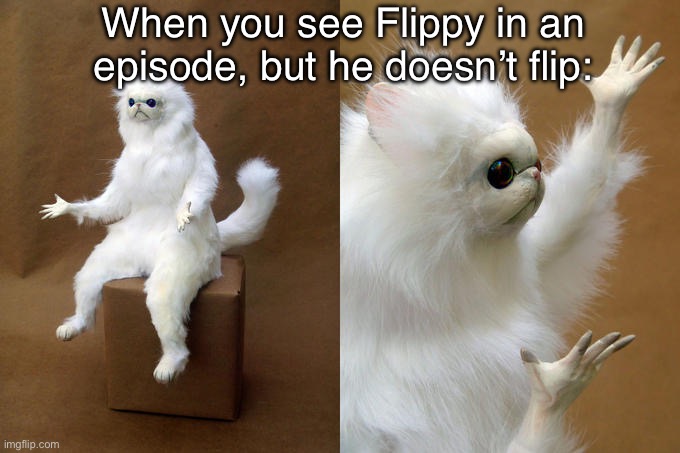 Ima go see if there’s actually an episode where he doesn’t flip | When you see Flippy in an episode, but he doesn’t flip: | image tagged in memes,persian cat room guardian | made w/ Imgflip meme maker