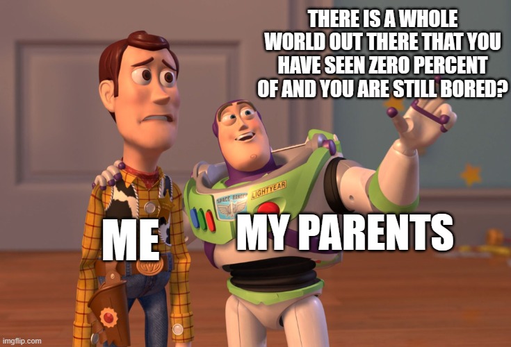 X, X Everywhere | THERE IS A WHOLE WORLD OUT THERE THAT YOU HAVE SEEN ZERO PERCENT OF AND YOU ARE STILL BORED? ME; MY PARENTS | image tagged in memes,x x everywhere | made w/ Imgflip meme maker