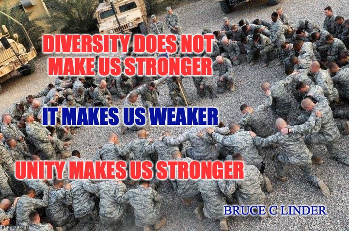 Unity | DIVERSITY DOES NOT 
MAKE US STRONGER; IT MAKES US WEAKER; UNITY MAKES US STRONGER; BRUCE C LINDER | image tagged in american soldiers praying in jesus' name 001,unity,strength,courage | made w/ Imgflip meme maker