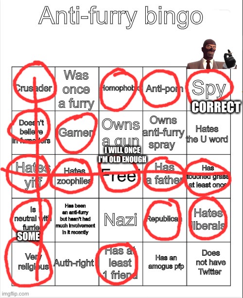 Anti-Furry bingo | CORRECT; I WILL ONCE I'M OLD ENOUGH; SOME | image tagged in anti-furry bingo | made w/ Imgflip meme maker