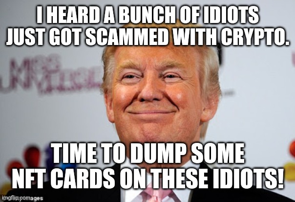 Time to scam again | I HEARD A BUNCH OF IDIOTS JUST GOT SCAMMED WITH CRYPTO. TIME TO DUMP SOME NFT CARDS ON THESE IDIOTS! | image tagged in trump,conservative,republican,trump supporter,democrat,liberal | made w/ Imgflip meme maker