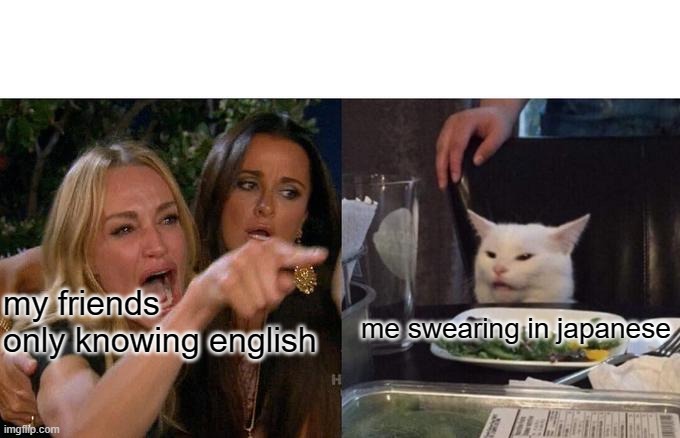 Woman Yelling At Cat | my friends only knowing english; me swearing in japanese | image tagged in memes,woman yelling at cat | made w/ Imgflip meme maker