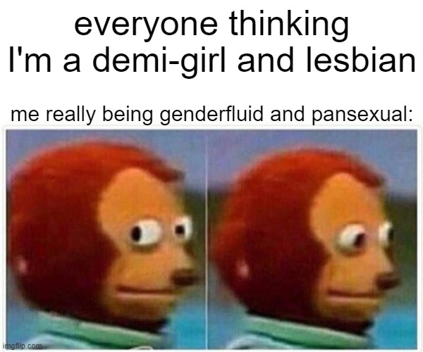 Monkey Puppet Meme | everyone thinking I'm a demi-girl and lesbian; me really being genderfluid and pansexual: | image tagged in memes,monkey puppet | made w/ Imgflip meme maker
