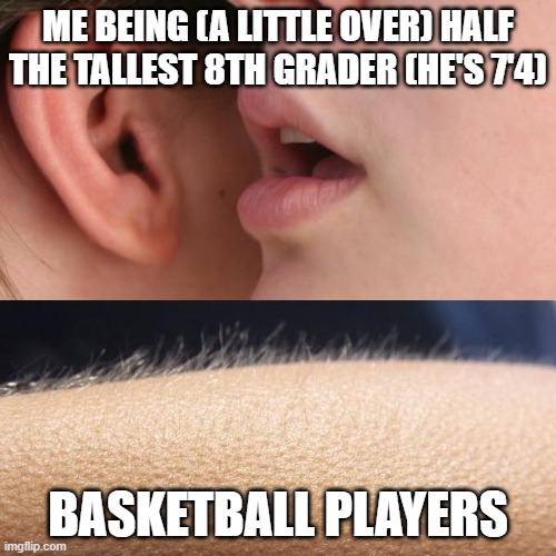 Whisper and Goosebumps | ME BEING (A LITTLE OVER) HALF THE TALLEST 8TH GRADER (HE'S 7'4); BASKETBALL PLAYERS | image tagged in whisper and goosebumps | made w/ Imgflip meme maker