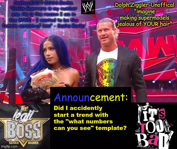 Dolph Ziggler + Sasha Banks DUO announcement temp | Did I accidently start a trend with the "what numbers can you see" template? | image tagged in dolph ziggler sasha banks duo announcement temp | made w/ Imgflip meme maker