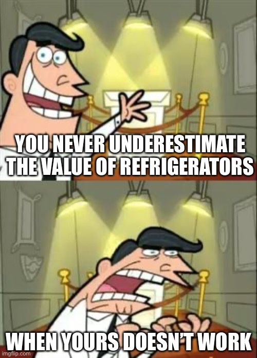 seriously tho | YOU NEVER UNDERESTIMATE THE VALUE OF REFRIGERATORS; WHEN YOURS DOESN’T WORK | image tagged in memes,this is where i'd put my trophy if i had one | made w/ Imgflip meme maker