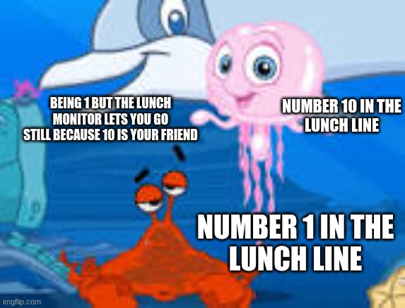 lunch lines | BEING 1 BUT THE LUNCH MONITOR LETS YOU GO STILL BECAUSE 10 IS YOUR FRIEND; NUMBER 10 IN THE
LUNCH LINE; NUMBER 1 IN THE
LUNCH LINE | image tagged in memes | made w/ Imgflip meme maker