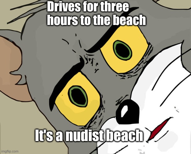 I have a friend that did this | Drives for three hours to the beach; It's a nudist beach | image tagged in memes,unsettled tom | made w/ Imgflip meme maker