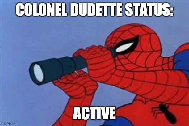 Telescope Spider-Man  | COLONEL DUDETTE STATUS: ACTIVE | image tagged in telescope spider-man | made w/ Imgflip meme maker