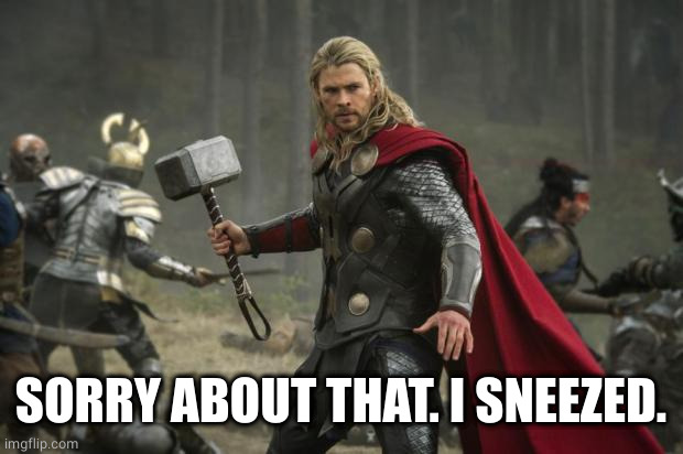 thor hammer | SORRY ABOUT THAT. I SNEEZED. | image tagged in thor hammer | made w/ Imgflip meme maker