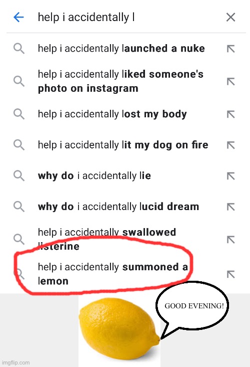 Help | GOOD EVENING! | image tagged in lemons,help i accidentally,funny,google | made w/ Imgflip meme maker