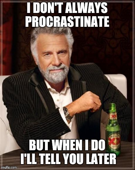 The Most Interesting Man In The World Meme | I DON'T ALWAYS PROCRASTINATE  BUT WHEN I DO I'LL TELL YOU LATER | image tagged in memes,the most interesting man in the world | made w/ Imgflip meme maker