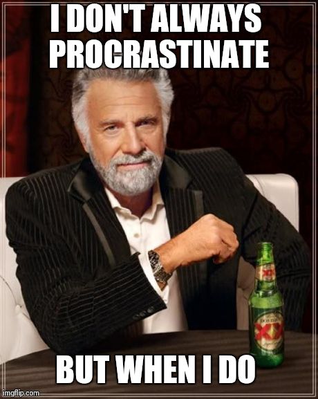 The Most Interesting Man In The World | I DON'T ALWAYS PROCRASTINATE BUT WHEN I DO | image tagged in memes,the most interesting man in the world | made w/ Imgflip meme maker