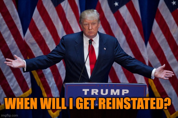 Donald Trump | WHEN WILL I GET REINSTATED? | image tagged in donald trump | made w/ Imgflip meme maker