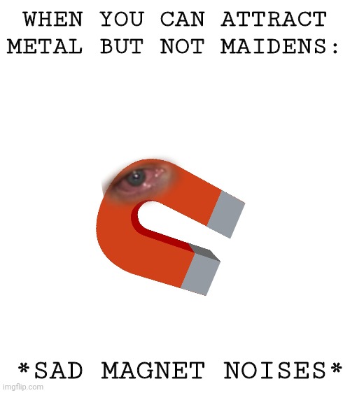 Zad? | WHEN YOU CAN ATTRACT METAL BUT NOT MAIDENS:; *SAD MAGNET NOISES* | image tagged in magnet,no bitches,sad,tragedy | made w/ Imgflip meme maker