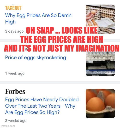 OH SNAP ... LOOKS LIKE THE EGG PRICES ARE HIGH AND IT'S NOT JUST MY IMAGINATION | made w/ Imgflip meme maker