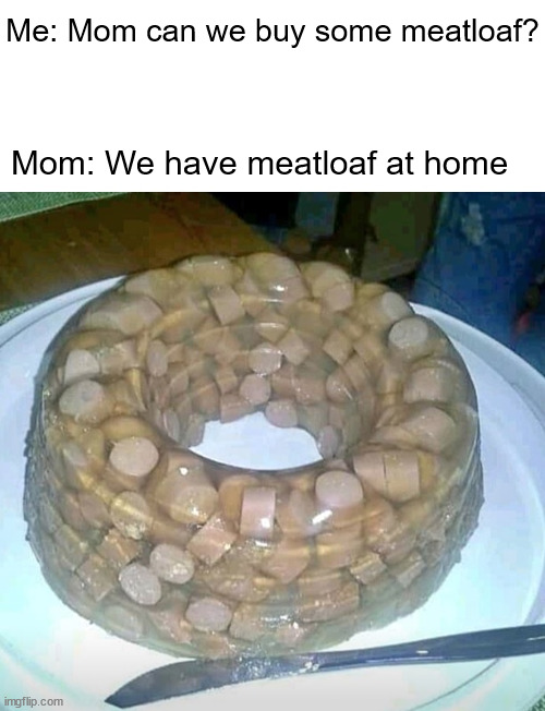 Moms Cooking | Me: Mom can we buy some meatloaf? Mom: We have meatloaf at home | image tagged in meatloaf,mom,cooking,at home | made w/ Imgflip meme maker