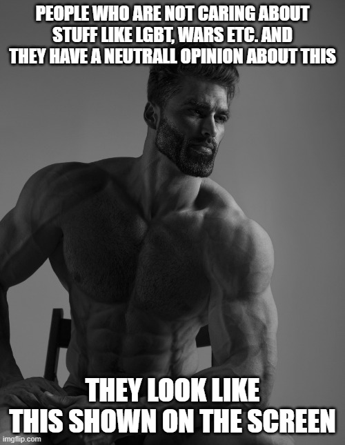 True Chad down here VVV | PEOPLE WHO ARE NOT CARING ABOUT STUFF LIKE LGBT, WARS ETC. AND THEY HAVE A NEUTRALL OPINION ABOUT THIS; THEY LOOK LIKE THIS SHOWN ON THE SCREEN | image tagged in giga chad | made w/ Imgflip meme maker