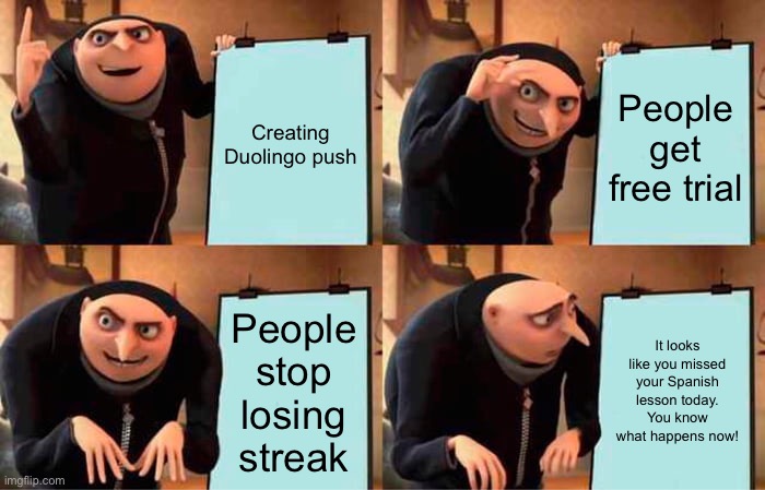 Gru's Plan | Creating Duolingo push; People get free trial; People stop losing streak; It looks like you missed your Spanish lesson today. You know what happens now! | image tagged in memes,gru's plan | made w/ Imgflip meme maker