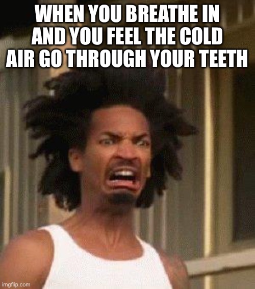 Disgusted Face | WHEN YOU BREATHE IN AND YOU FEEL THE COLD AIR GO THROUGH YOUR TEETH | image tagged in disgusted face | made w/ Imgflip meme maker