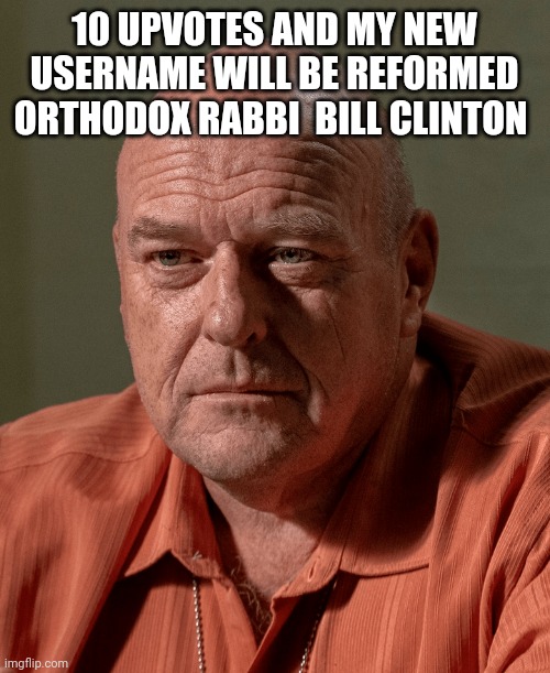 Hank | 10 UPVOTES AND MY NEW USERNAME WILL BE REFORMED ORTHODOX RABBI  BILL CLINTON | image tagged in hank | made w/ Imgflip meme maker