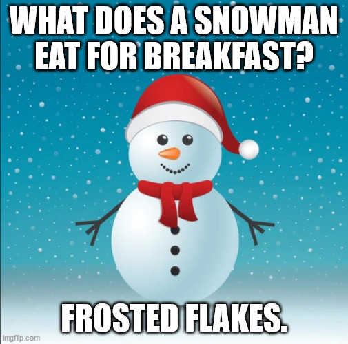 Dad Jokes for Wintertime | WHAT DOES A SNOWMAN EAT FOR BREAKFAST? FROSTED FLAKES. | image tagged in snowman,humor,funny,dad joke,fun | made w/ Imgflip meme maker