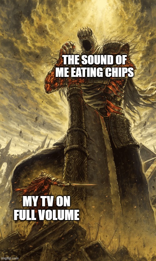 Small knight giant knight | THE SOUND OF ME EATING CHIPS; MY TV ON FULL VOLUME | image tagged in small knight giant knight | made w/ Imgflip meme maker