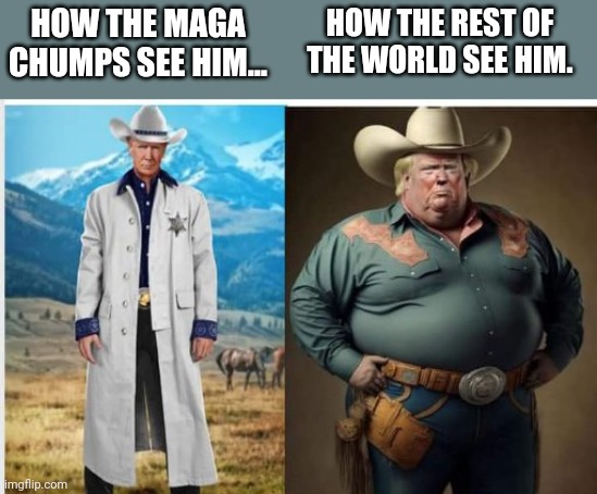 NFT card truth | HOW THE REST OF THE WORLD SEE HIM. HOW THE MAGA CHUMPS SEE HIM... | image tagged in trump,trump supporter,republican,conservative,democrat,liberal | made w/ Imgflip meme maker