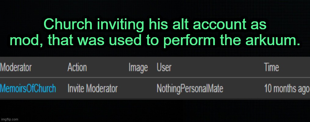 . | Church inviting his alt account as mod, that was used to perform the arkuum. | image tagged in the black,14 feb 2022 | made w/ Imgflip meme maker