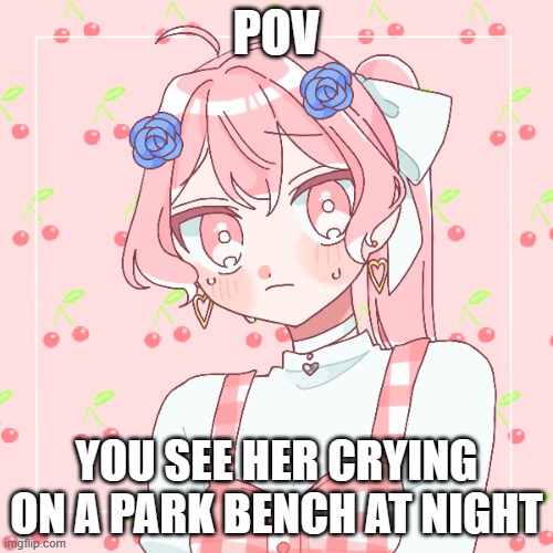 Now what? [Please don't use OP OCs] | POV; YOU SEE HER CRYING ON A PARK BENCH AT NIGHT | made w/ Imgflip meme maker