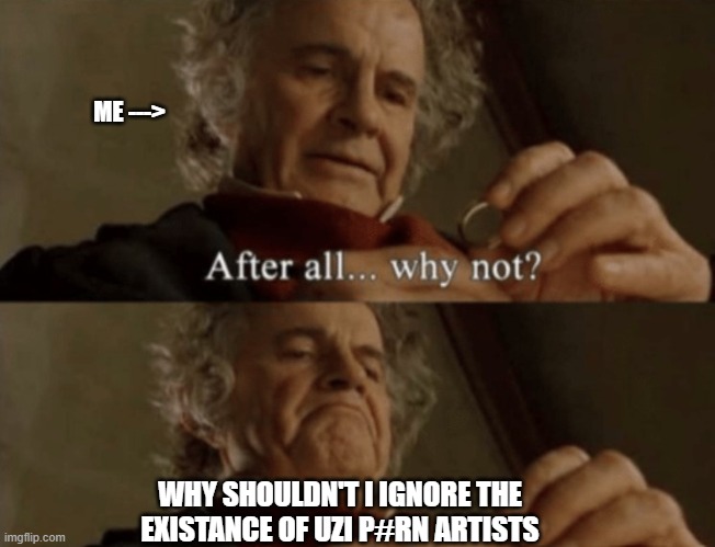 After all.. why not? | ME ---> WHY SHOULDN'T I IGNORE THE EXISTANCE OF UZI P#RN ARTISTS | image tagged in after all why not | made w/ Imgflip meme maker