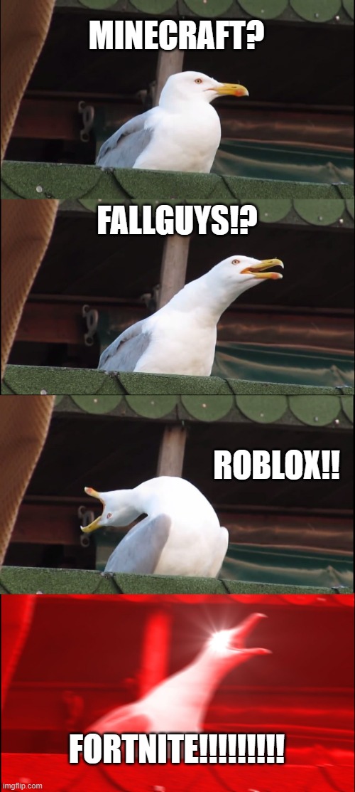 Inhaling Seagull | MINECRAFT? FALLGUYS!? ROBLOX!! FORTNITE!!!!!!!!! | image tagged in memes,inhaling seagull | made w/ Imgflip meme maker