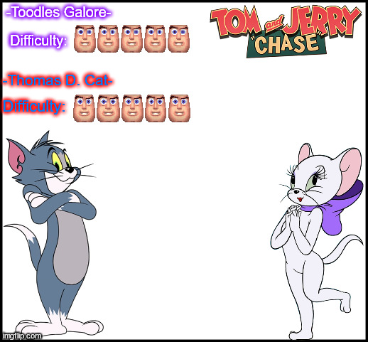 Tom and Jerry Chase Today's Difficulty: Tom and Toodles Galore | -Toodles Galore-; Difficulty:; -Thomas D. Cat-; Difficulty: | image tagged in tom and jerry | made w/ Imgflip meme maker