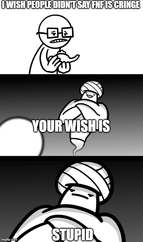 my wish irl | I WISH PEOPLE DIDN'T SAY FNF IS CRINGE; YOUR WISH IS; STUPID | image tagged in your wish is stupid | made w/ Imgflip meme maker