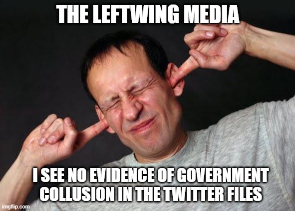 If the media stopped lying and gaslighting the public - they would have nothing left to report on | THE LEFTWING MEDIA; I SEE NO EVIDENCE OF GOVERNMENT COLLUSION IN THE TWITTER FILES | image tagged in elon musk,twitter,tesla,social media,fbi,politics | made w/ Imgflip meme maker