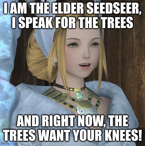 Kan-E Sanna | I AM THE ELDER SEEDSEER, I SPEAK FOR THE TREES; AND RIGHT NOW, THE TREES WANT YOUR KNEES! | image tagged in trees,final fantasy 14,lorax | made w/ Imgflip meme maker